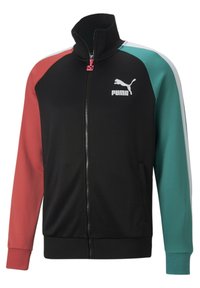 Svart zip-jacka med röda, teal och vita detaljer. Har en hög krage, långa ärmar och en Puma-logga på bröstet. Slät tygtextur.