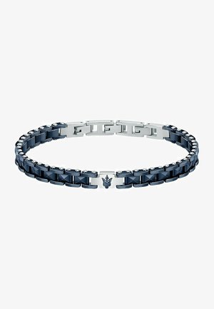 Metalarmbånd med sammenkædede led i mørkeblå og sølv, prydet med små runde nitter og et centralt logo- detajle.