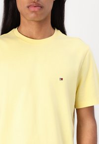 Isik kannab kahvatu kollast lühikeste varrukatega T-särki, millel on vasakul rinnal väike punase, valge ja sinisega ristkülikukujuline logo.