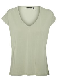 Ljusgrön t-shirt med korta ärmar och v-ringning, tillverkad av mjukt och slätt tyg. Har en avslappnad passform och minimala sömnadsdetaljer.