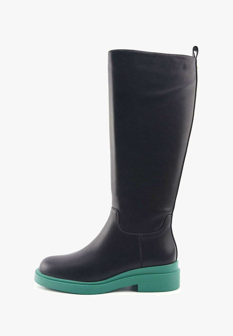 Tall black boots made of smooth material with a green platform sole. Features a rounded toe and a zipper on the back for easy wearing.