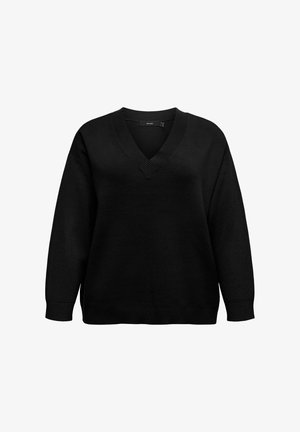 Črni pulover z v-vratom, izdelan iz mehkega blaga, ima dolge rokave ter rebraste manšete in spodnji del, s sproščenim fitom in brez vzorcev.