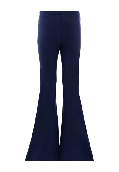 Granatowe spodnie dzwony wykonane z elastycznego materiału. Posiadają wysoki stan i szerokie nogawki. Gładka faktura bez widocznych wzorów.