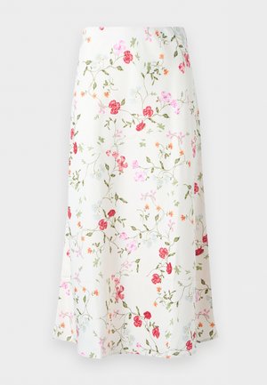 Witte midi-rok met rood, roze en oranje bloemenprint en groene bladerranken, A-lijn silhouet en lichte uitlopende zoom.