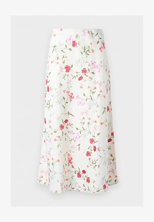 Falda midi blanca con estampado floral en rojo, rosa y naranja y enredaderas verdes, silueta en línea A y ligero vuelo en el dobladillo.