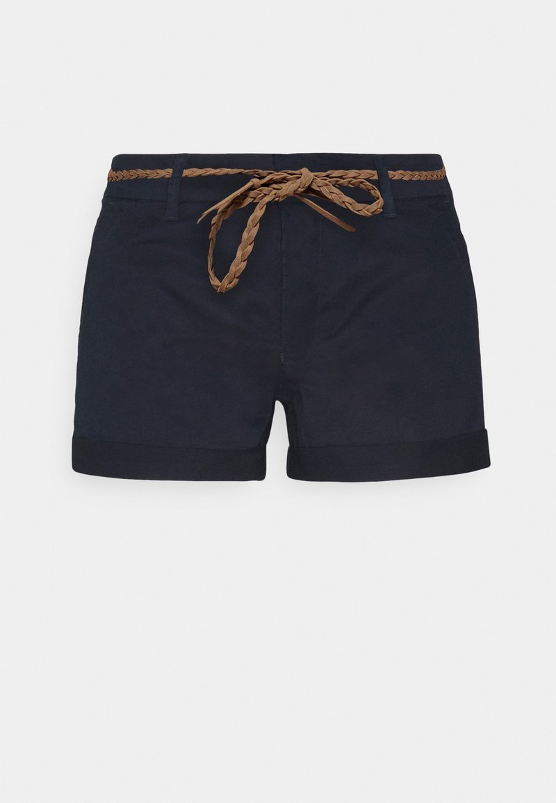 Shorts bleu marine en mélange de coton avec un cordon tressé marron à la taille et des revers roulés. Comprennent des poches avant.
