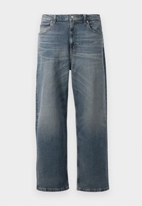 Jeans in denim azzurro con un design a gamba dritta, aspetto sbiadito, stile a cinque tasche e chiusura con bottone in vita.