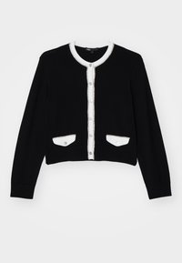 Svart långärmad cardigan med vit kant, rund halsringning, framsida med knappar och två små vita knäppbara fickor i nederkanten.