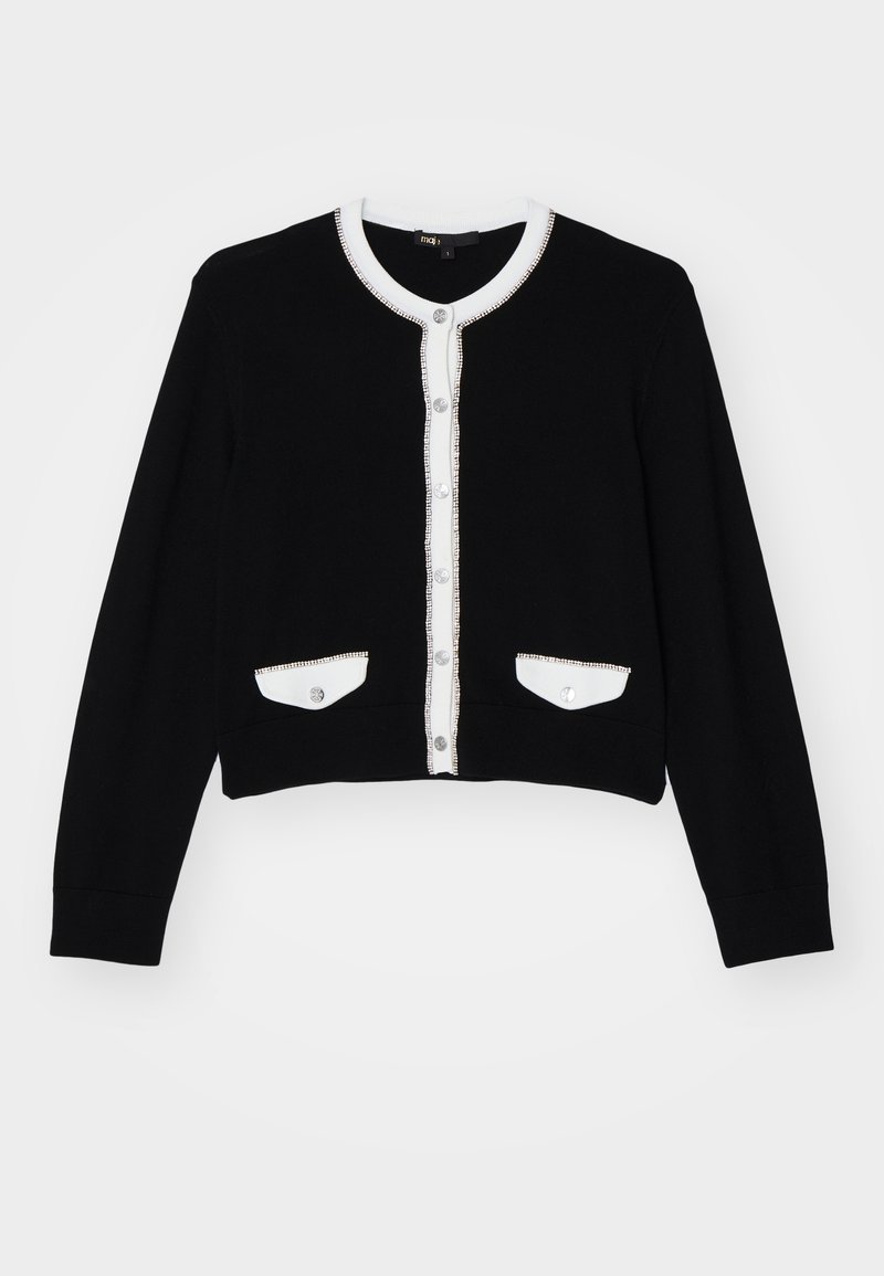 Svart långärmad cardigan med vit kant, rund halsringning, framsida med knappar och två små vita knäppbara fickor i nederkanten.