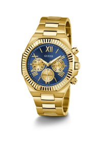 Montre chronographe dorée avec un cadran bleu, trois sous-cadrans et le chiffre romain XII. Bracelet solide avec une finition polie.