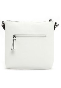 Bolso cruzado de cuero blanco con superficie texturizada, cierre de cremallera en la parte superior y bolsillo frontal con cremallera que presenta un pequeño adorno de borlas.