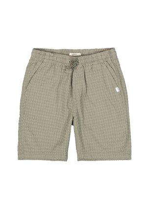 Licht olijfgroene shorts van gestructureerde stof, voorzien van een elastische tailleband met een trekkoord en zijzakken.