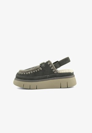 Zoccolo in pelle scamosciata grigia con interno peloso, cuciture decorative e suola spessa beige. Dotato di cinturino posteriore per un supporto aggiuntivo.