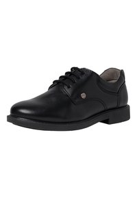 Chaussure de ville en cuir noir avec un bout rond, un design à lacets et un petit talon en caoutchouc. Présente des coutures discrètes et une texture lisse et brillante.