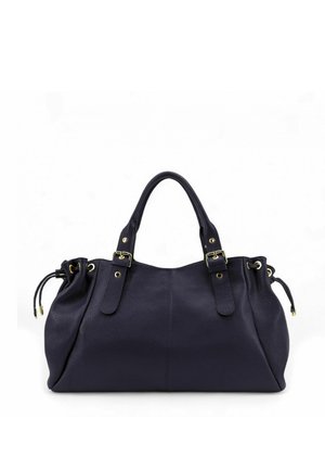 Sac à main en cuir noir avec deux poignées supérieures, boucles dorées et détails à cordon latéraux sur fond blanc.