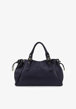Sac à main en cuir noir avec deux poignées supérieures, boucles dorées et détails à cordon latéraux sur fond blanc.