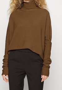 Brązowy, lekki sweter z wysokim kołnierzem z dzianiny, z długimi, nieco oversize'owymi rękawami i zaokrąglonym dołem, w połączeniu z czarnymi spodniami.