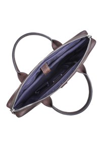 Borsa a mano in pelle marrone con una cerniera argentata, dotata di una foderatura in tessuto blu navy e numerose tasche interne. Manici piatti su entrambi i lati.