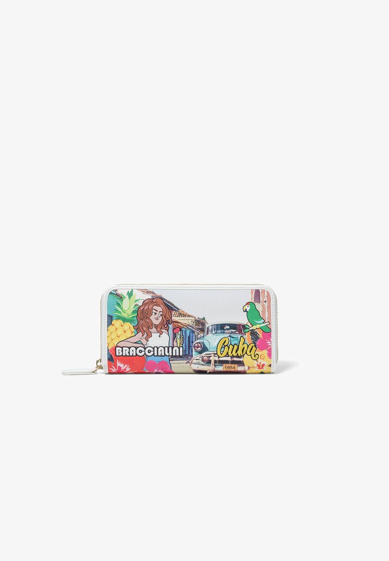 Portefeuille avec imprimé coloré sur le thème de Cuba comprenant une voiture vintage, un perroquet, un ananas, des fleurs et une femme aux cheveux roux, fermeture éclair.