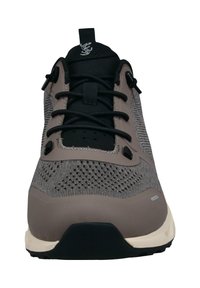 Gray and black athletic shoe featuring a textured mesh upper, padded tongue, reinforced eyelets, and a rubber sole with a white accent.