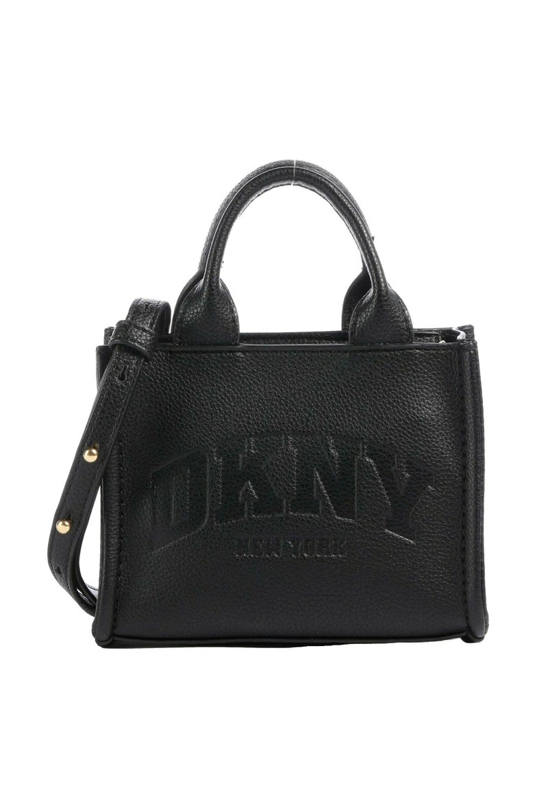 Geantă de mână neagră din piele cu formă structurată, prevăzută cu două mânere superioare și o curea de umăr detașabilă. Logo DKNY embossat pe față.