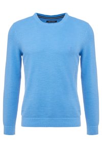 Hellblauer gestrickter Pullover mit langen Ärmeln, rundem Ausschnitt und gerippten Bündchen. Verfügt über ein dezentes besticktes Logo auf der Brust.