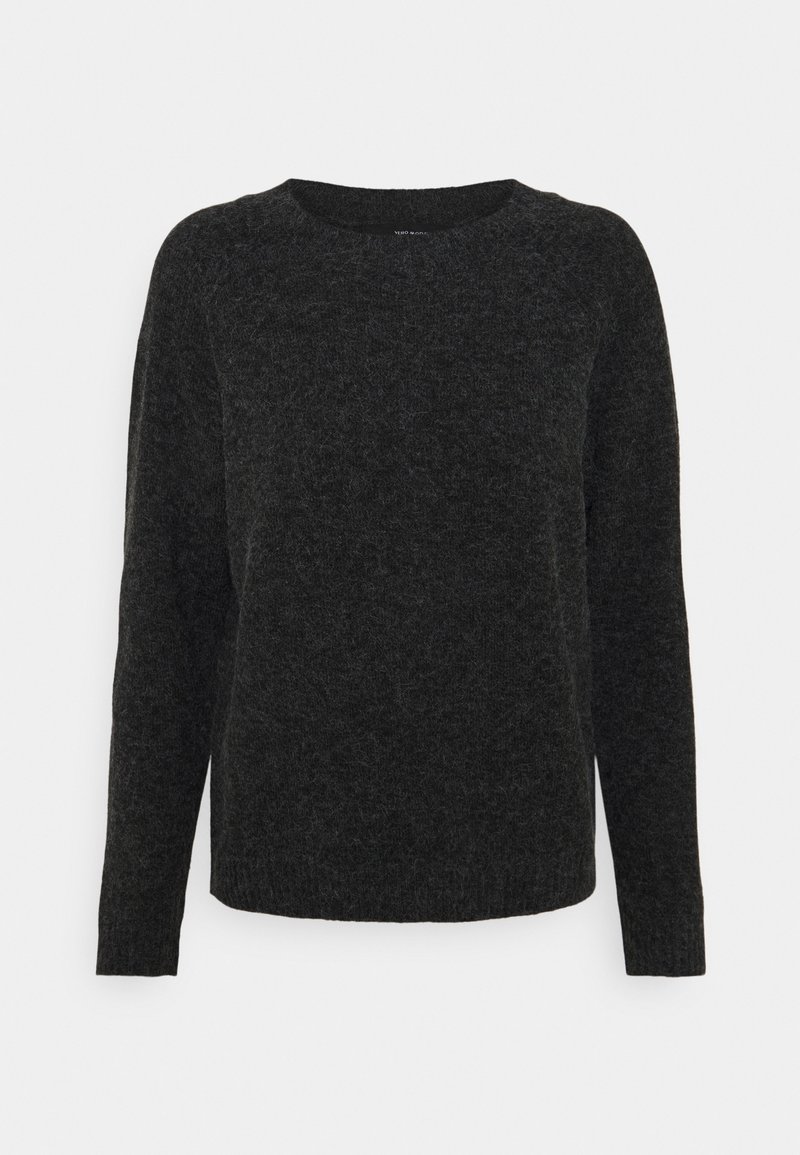 Mörkgrå långärmad rundhalsad ulltröja med en mjuk, lätt fuzzig textur och rak fåll.