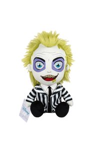 Plush doll featuring yellow spiked hair, black-and-white striped suit, exaggerated facial features with blue eyes, and a smile with sharp teeth.