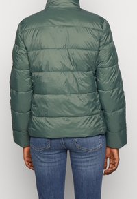 Giacca verde imbottita con colletto alto, caratterizzata da cuciture orizzontali e una texture liscia. Abbinata a jeans blu.