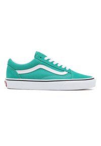 Green canvas sneaker with white laces and side stripe, featuring a rubber sole with a black accent and textured toe cap.