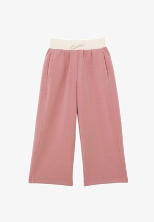 Pantaloni roz cu croială largă, talie elastică albă și șnur, cu buzunare laterale și croială lejeră.