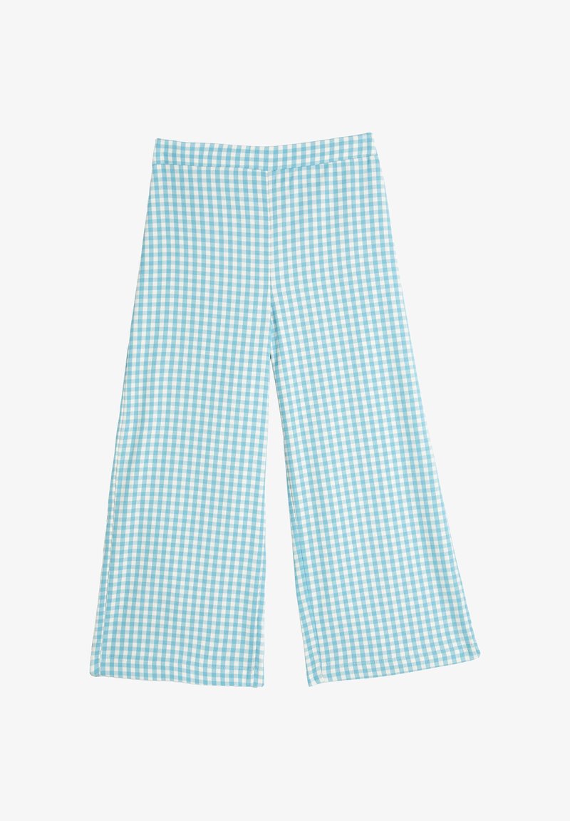 Pantalons larges en vichy bleu clair et blanc avec une taille haute et un ourlet droit sur fond blanc.
