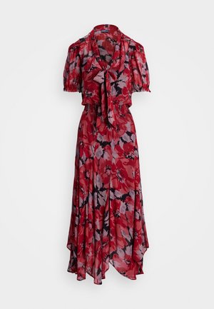 Rotes geblümtes Midikleid mit Puffärmeln, tailliert, V-Ausschnitt und vorderem Bindeband auf weißem Hintergrund.