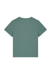 Kurzarm-T-Shirt aus einem gedämpften grünen Stoff, mit einem klassischen Rundhalsausschnitt und einem kastigen Schnitt. Glatte Textur mit minimalen Nähdetails.