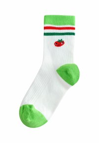 White sock with a green cuff, green heel, and toe. Features red and green stripes and a small red tomato design on the side.