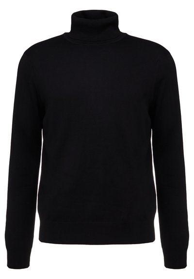 Maglione a collo alto nero realizzato in morbido materiale lavorato a maglia, con maniche lunghe e design aderente, impreziosito da dettagli a costine sul colletto e sull'orlo.