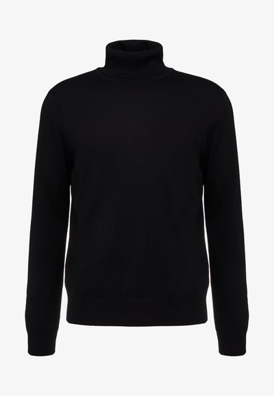 Maglione a collo alto nero realizzato in morbido materiale lavorato a maglia, con maniche lunghe e design aderente, impreziosito da dettagli a costine sul colletto e sull'orlo.