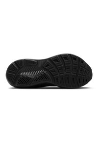 Schwarze Sportschuhsohle mit strukturiertem Gummi, einem gemusterten Profil für Grip und einer glatten, abgerundeten Kante nahe der Ferse mit dem Markenzeichen.