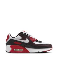 Nike Air Max 90 tenisice u crnoj, bijeloj i crvenoj boji. Imaju gornjište od kože i mrežice, vidljivu zračnu amortizaciju i teksturiranu gumenu potplatu.