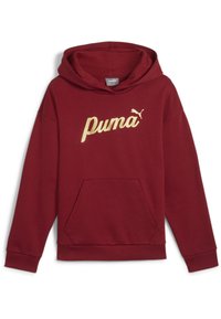 Sudadera color marrón burdeos hecha de un suave tejido de jersey, con un logo dorado de Puma en el pecho y un bolsillo frontal tipo canguro. Manga larga y capucha.