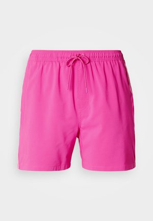 Vaaleanpunaiset uimashortsit, jotka on valmistettu kevyestä materiaalista. Niissä on joustava vyötärö kiristysnyörillä, sivutaskut ja sileä pinta.