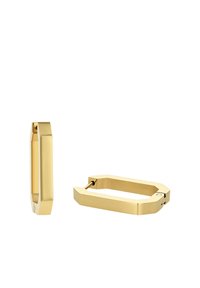 Orecchini a cerchio in metallo dorato di forma rettangolare, con superficie lucida e design angolare. Caratterizzati da una dettagliata hardware minimalista.