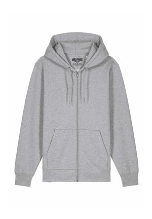 Haut à capuche zippé gris en tissu doux, comprenant une poche avant, des cordons de serrage réglables et des poignets côtelés. Design simple sans motifs.