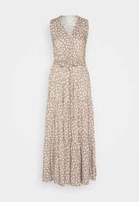 Langes, ärmelloses Kleid in Taupe mit einem weißen Blattmuster. Verfügt über einen V-Ausschnitt, eine taillierte Taille und einen gestuften, fließenden Rock. Hergestellt aus leichtem Stoff.