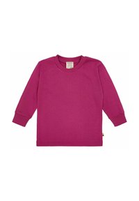 Maglietta a maniche lunghe in un vivace fucsia, realizzata in cotone morbido. Presenta un colletto rotondo e polsini a costine, con un piccolo etichetta sul lato.