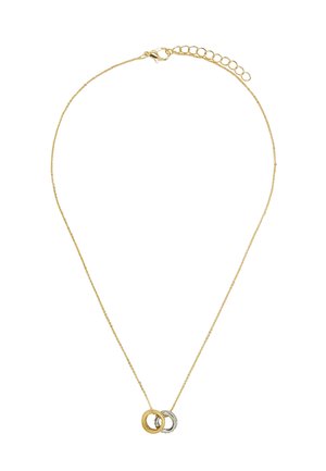 Delikatny złoty naszyjnik z łańcuszka z dwoma splecionymi pierścieniami, jednym złotym i jednym srebrnym, z regulowanym zapięciem.