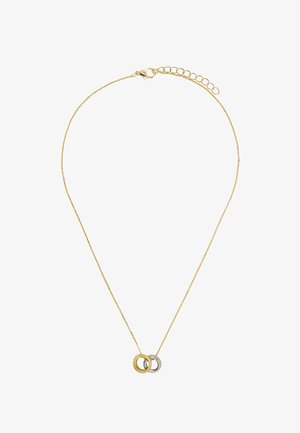 Delikatny złoty naszyjnik z łańcuszka z dwoma splecionymi pierścieniami, jednym złotym i jednym srebrnym, z regulowanym zapięciem.