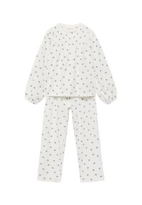 Pysig pyjamas i bomull med långärmad topp och byxor. Vit botten med blå blommönster, smockad bodice och resår i ärmsluten.