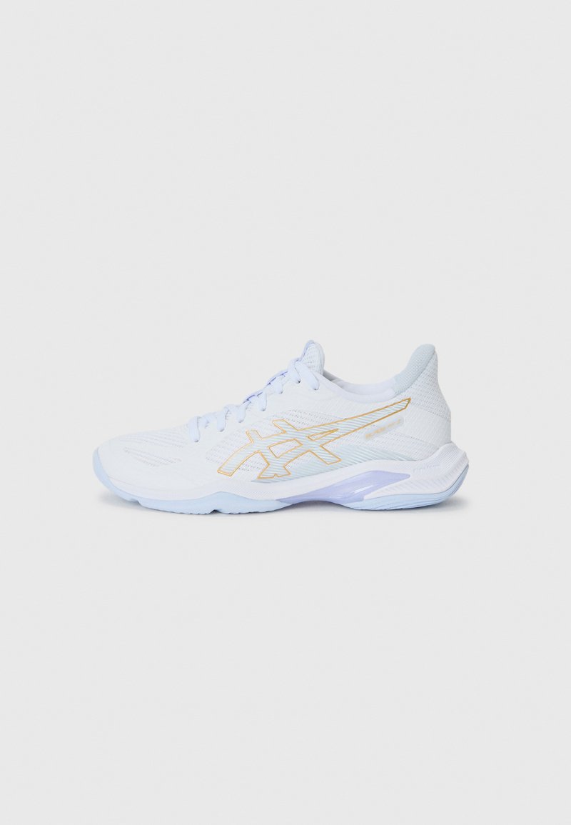 White athletic shoe with a textured mesh upper, light blue accents, and yellow branding. Features a cushioned sole and lace-up design.