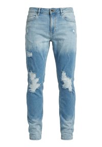 Blugi slim fit albastru deschis, cu rupturi uzate pe coapse și genunchi, închidere cu nasture și fermoar, și buzunare frontale.